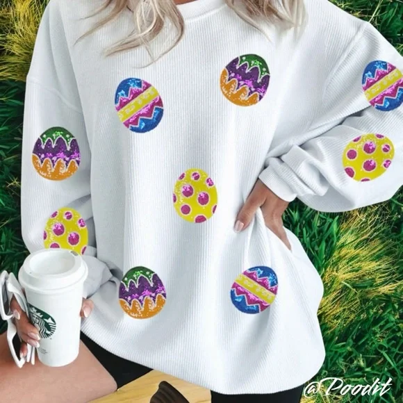 Corded oversized white sequin eggs pull over S M L XL 2XL - Picture 4 of 7